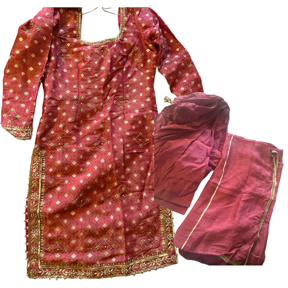 Traditional Red Embroidered Dress with Scarf